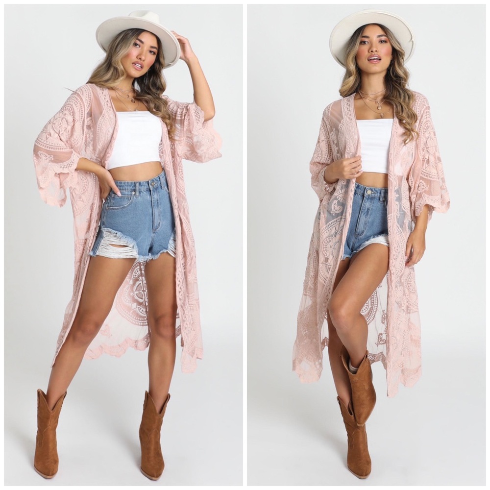 Blush Pink Scalloped Sheer Mesh Lace Boho Kimono - Picture 1 of 4
